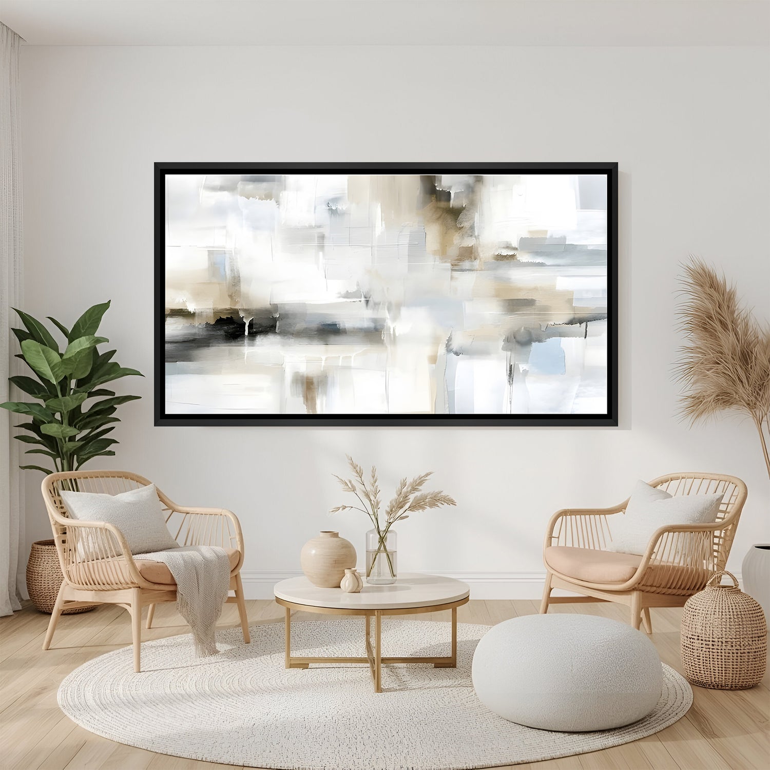 Soft neutral abstract canvas wall art in beige and grey tones with black floater frame above sofa in contemporary living room decor