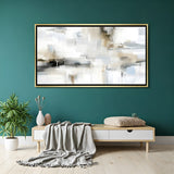 Neutral abstract canvas wall art in soft beige and grey tones with golden floater frame displayed in elegant modern living room decor