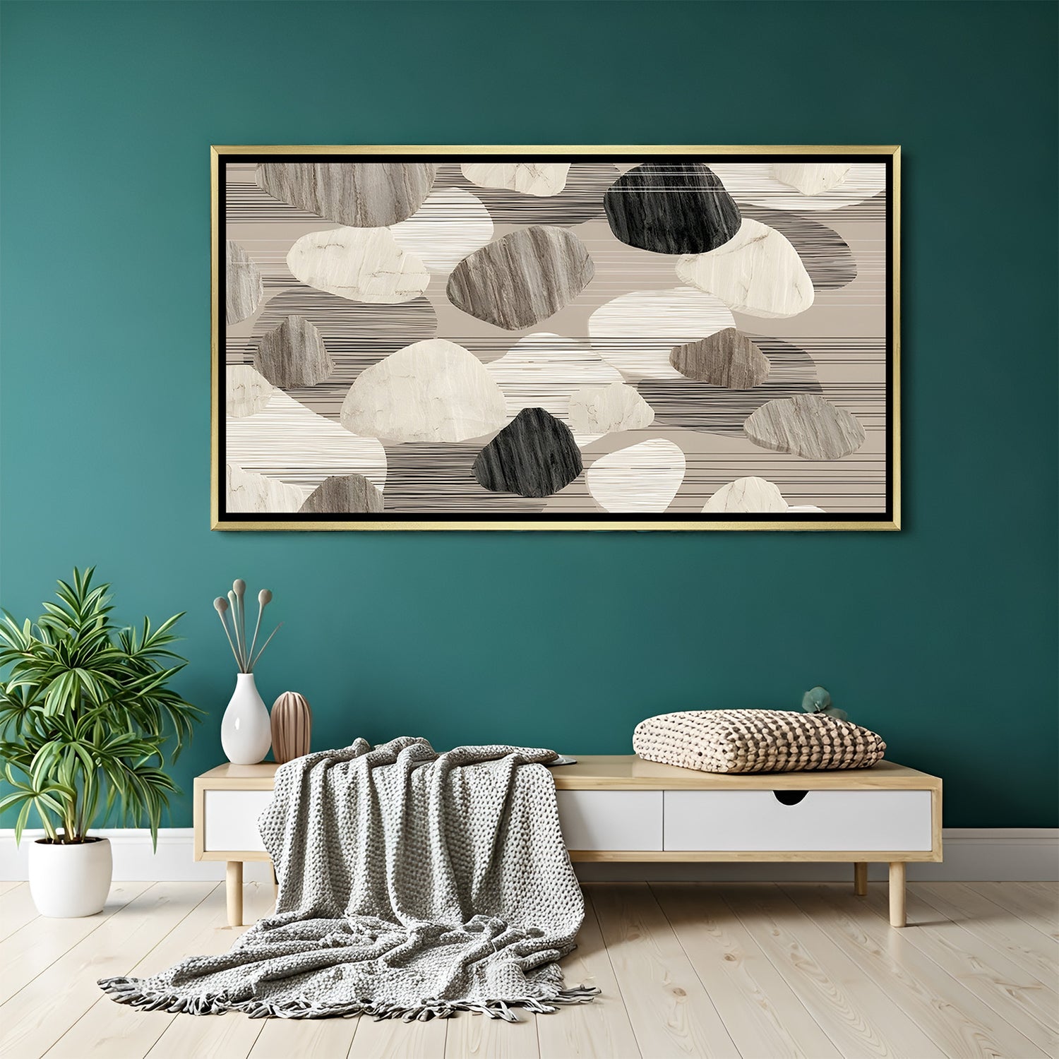 Neutral abstract canvas wall art in beige and grey tones with golden floater frame, elegant modern artwork displayed in a luxury living room setting