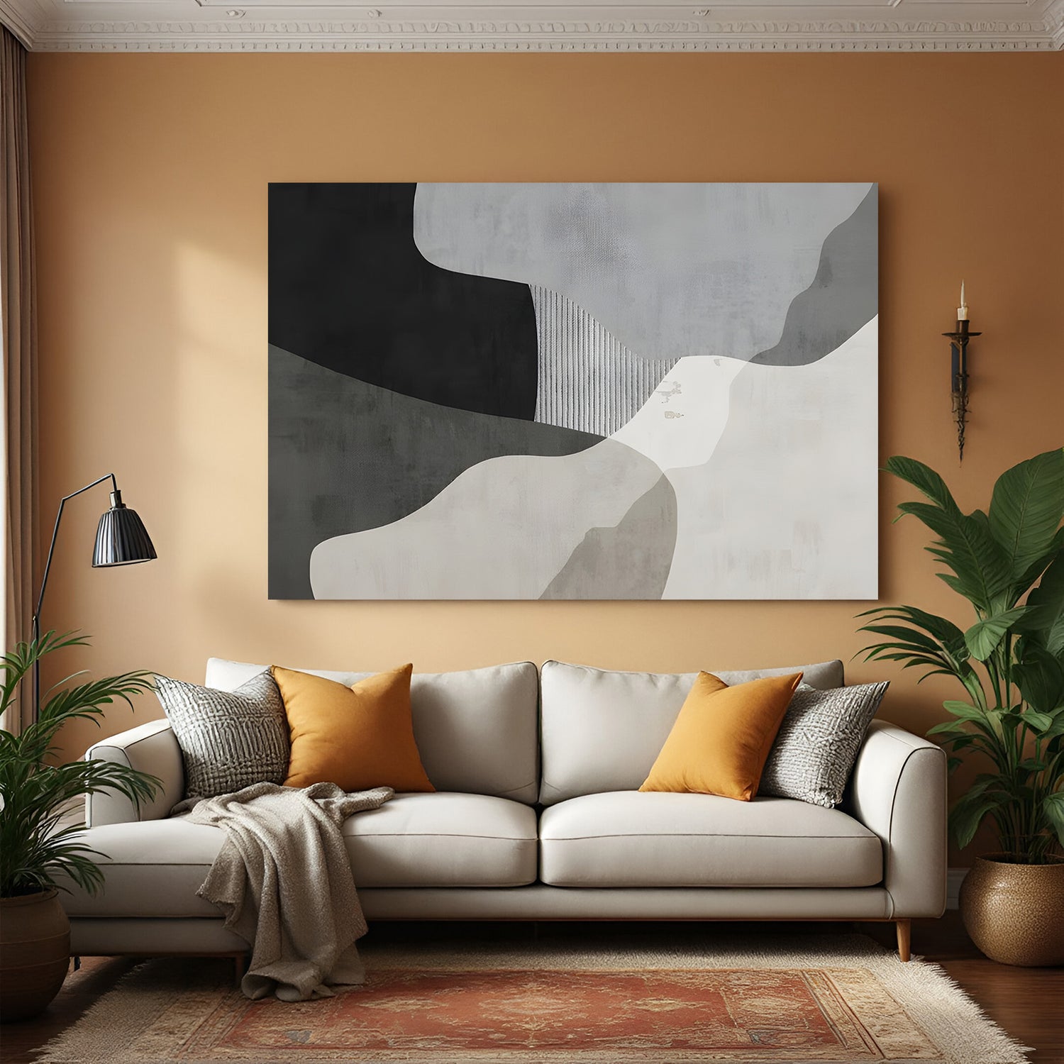 Neutral abstract canvas wall art with organic shapes in beige grey and black tones in modern living room