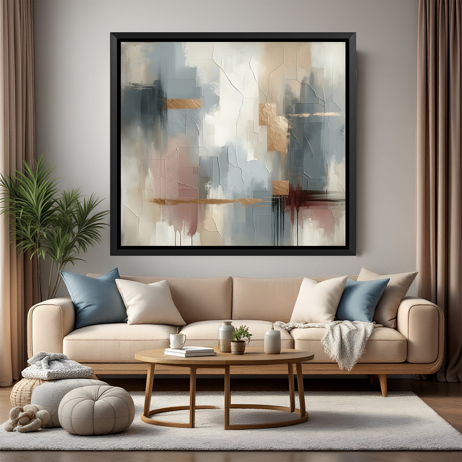 Modern neutral abstract geometric painting in black floater frame
