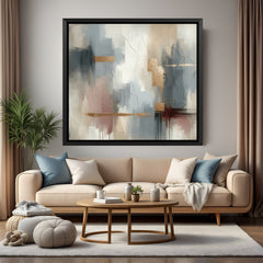 Modern neutral abstract geometric painting in black floater frame