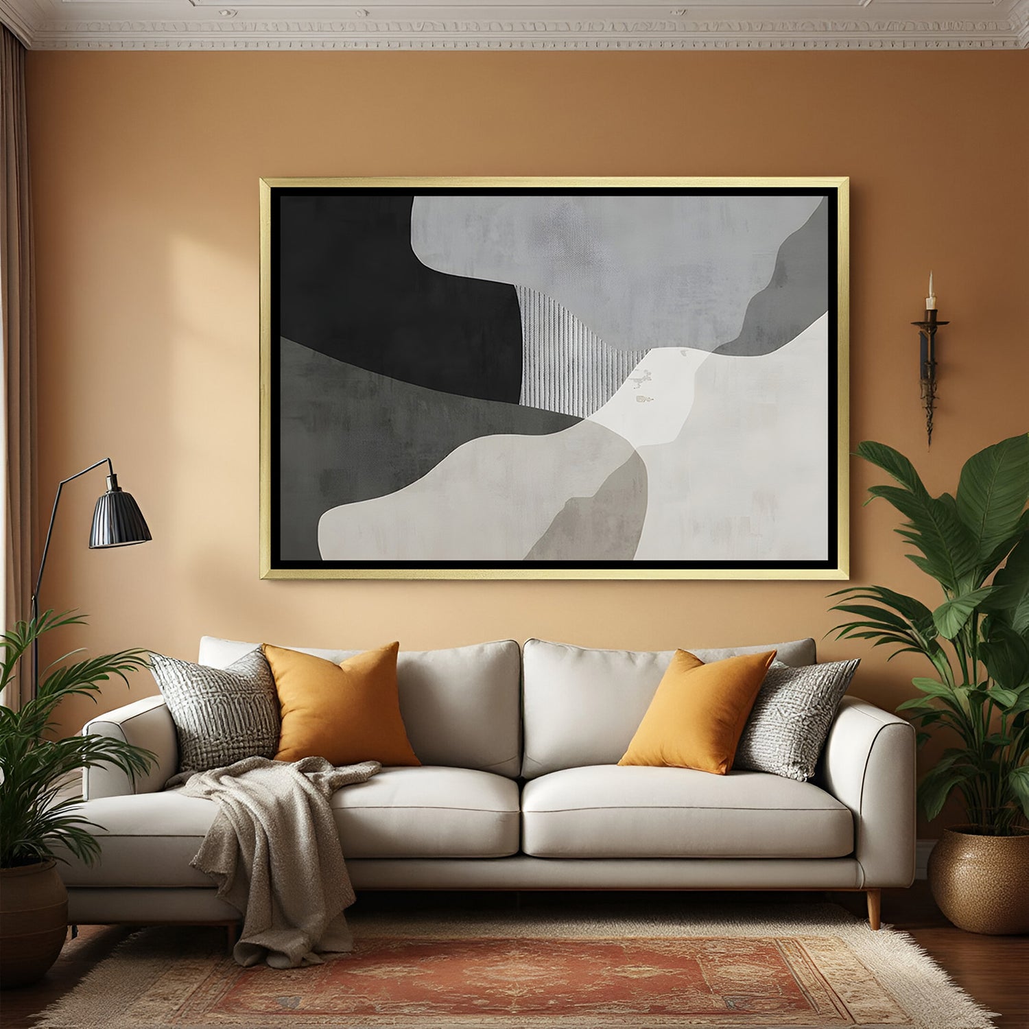 Elegant neutral abstract wall art with organic forms and golden frame for luxury decor