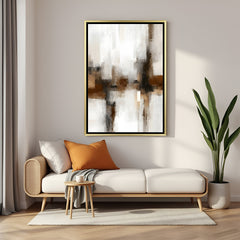 Neutral abstract canvas art with golden floater frame