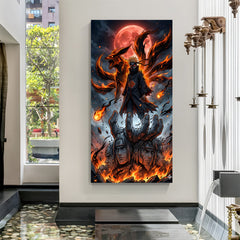 Naruto anime canvas wall art with powerful Nine-Tailed Fox behind him in premium canvas wrapped frame