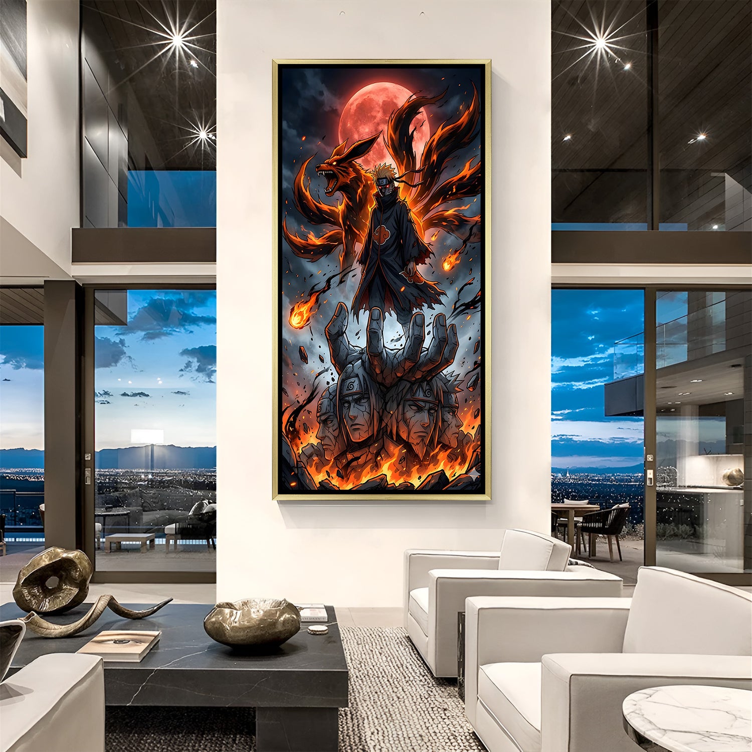 Luxury Naruto anime canvas artwork in golden floater frame featuring the legendary fox spirit and vibrant energy