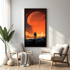Space motivational wall art with No Limit quote in elegant black floater frame modern cosmic interior design
