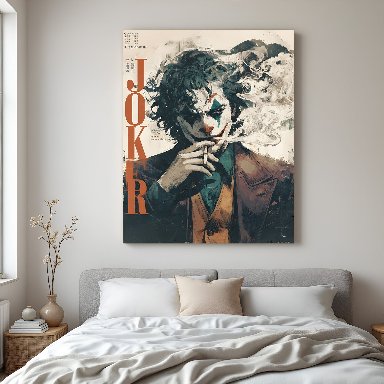 Vertical joker typography portrait canvas wrapped wall art with smoky noir aesthetic and painterly brush textures.