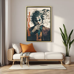Cinematic joker typography portrait wall art showcased in elegant gold floater frame for luxury interiors.