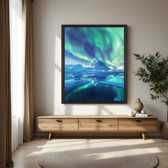 Aurora borealis canvas painting with snow-covered land, framed in black floater for a modern and dramatic winter-themed wall decor