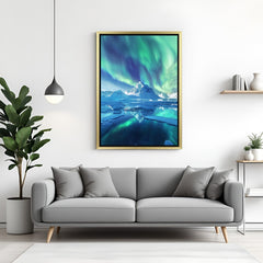 Winter northern lights canvas artwork in golden floater frame, blending snowy scenery with aurora colors for elegant seasonal wall art
