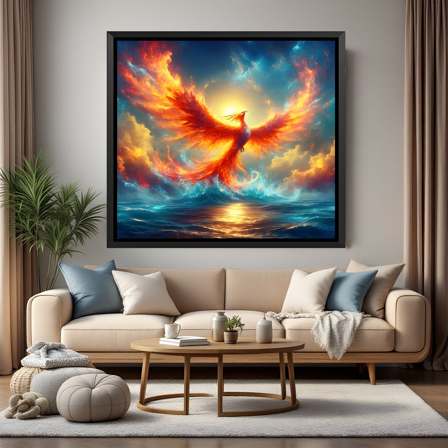 Luxury square fire phoenix artwork in black frame displayed above modern sofa.