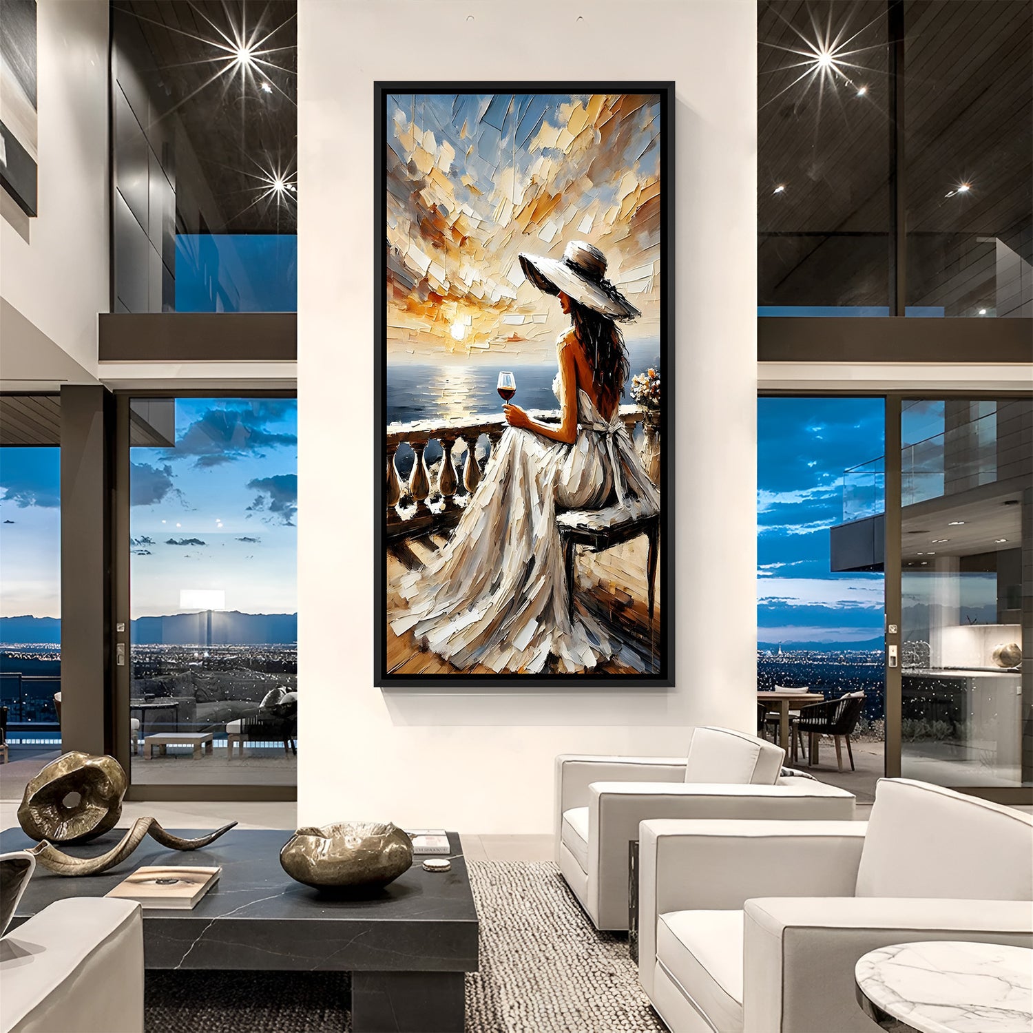 Modern ocean view artwork with girl sitting on chair in elegant black floater frame with peaceful scenery