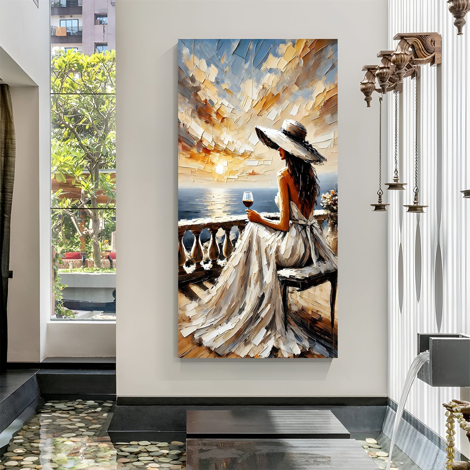 Girl sitting on chair watching ocean view modern art canvas wall painting in premium canvas wrapped frame