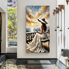 Girl sitting on chair watching ocean view modern art canvas wall painting in premium canvas wrapped frame