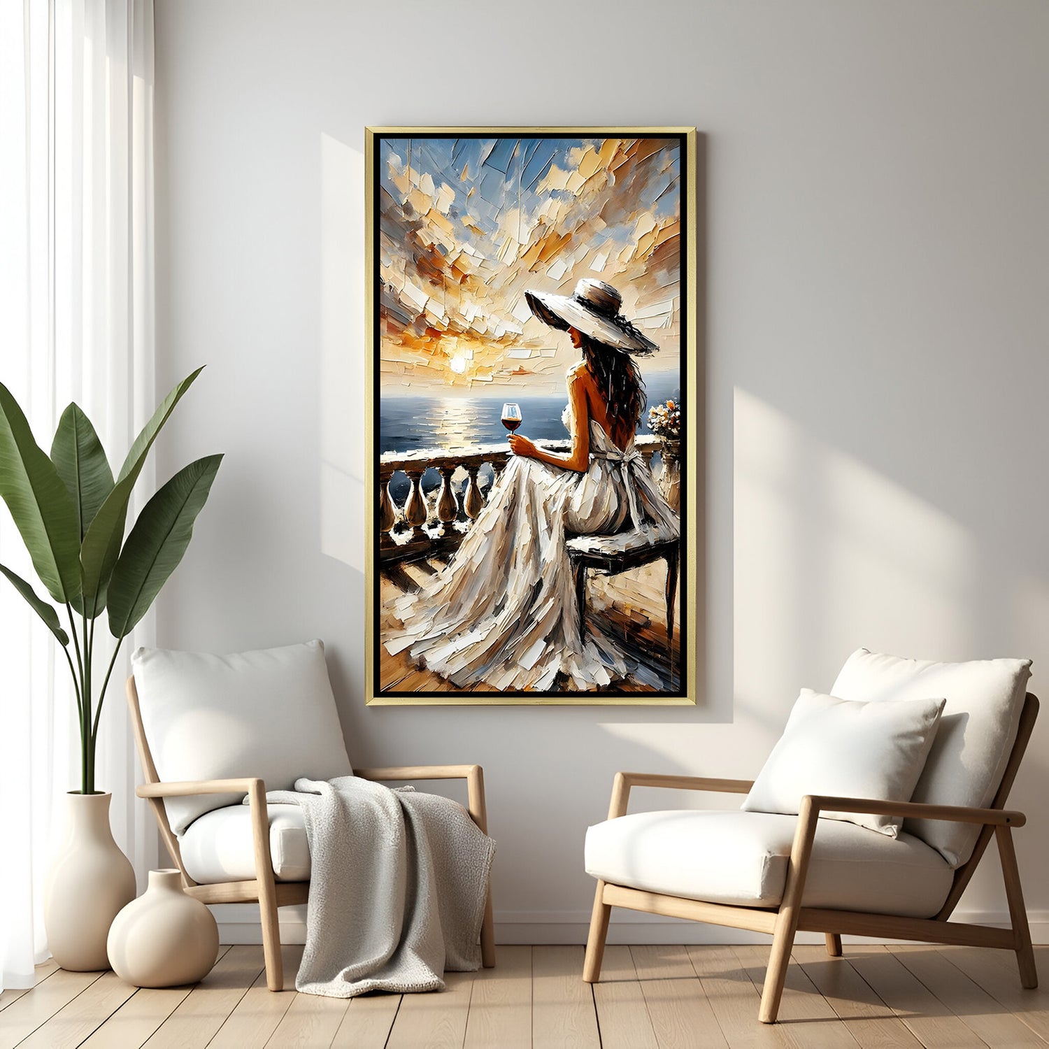 Minimal modern canvas painting of girl viewing ocean in white floater frame for calm contemporary interiors