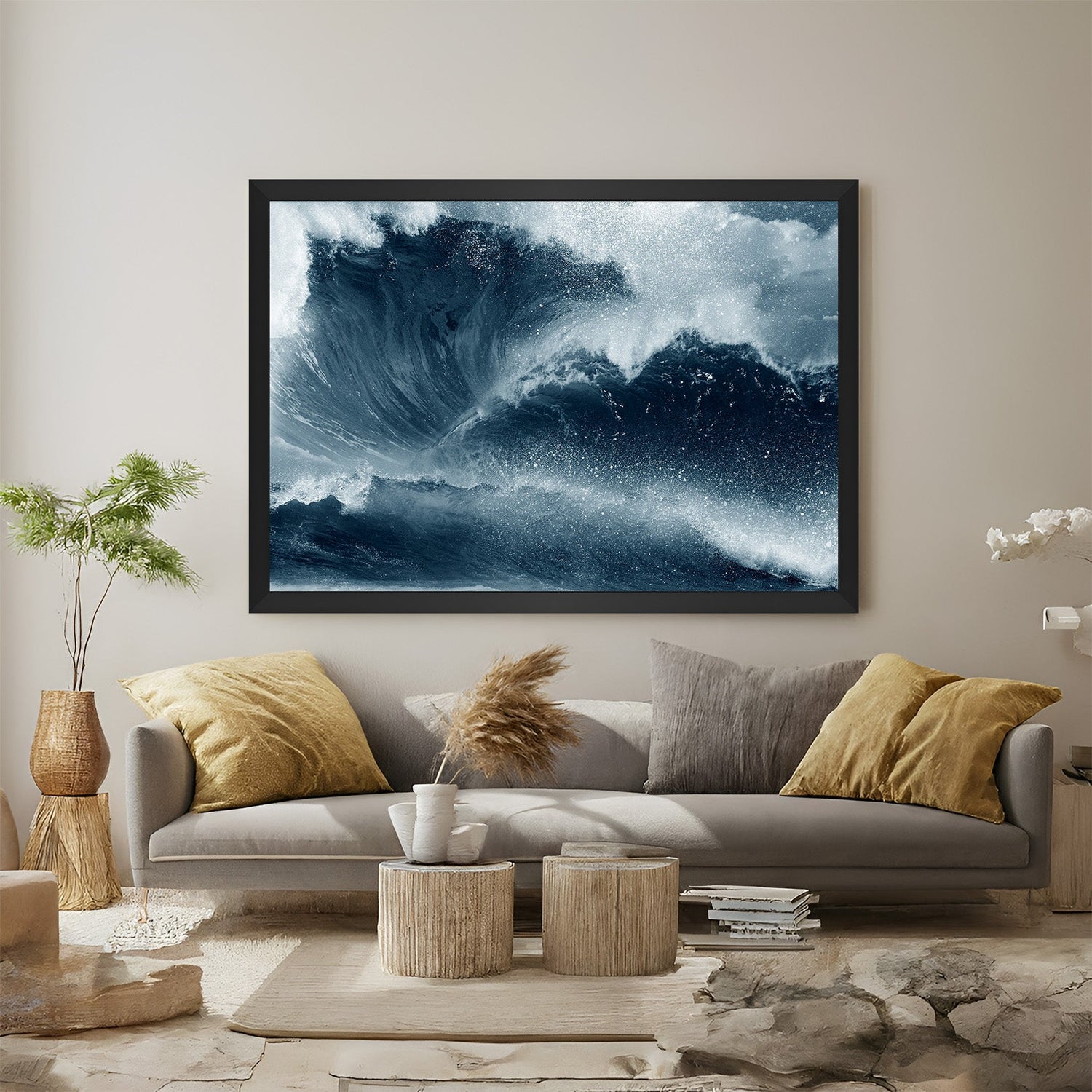 Dramatic ocean waves painting with textured sea water, displayed in a black floater frame for modern and marine-inspired wall decoration