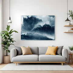 Ocean wave scenery canvas wall art featuring only sea water, showing large crashing waves in bold blues and whites for powerful home wall decor
