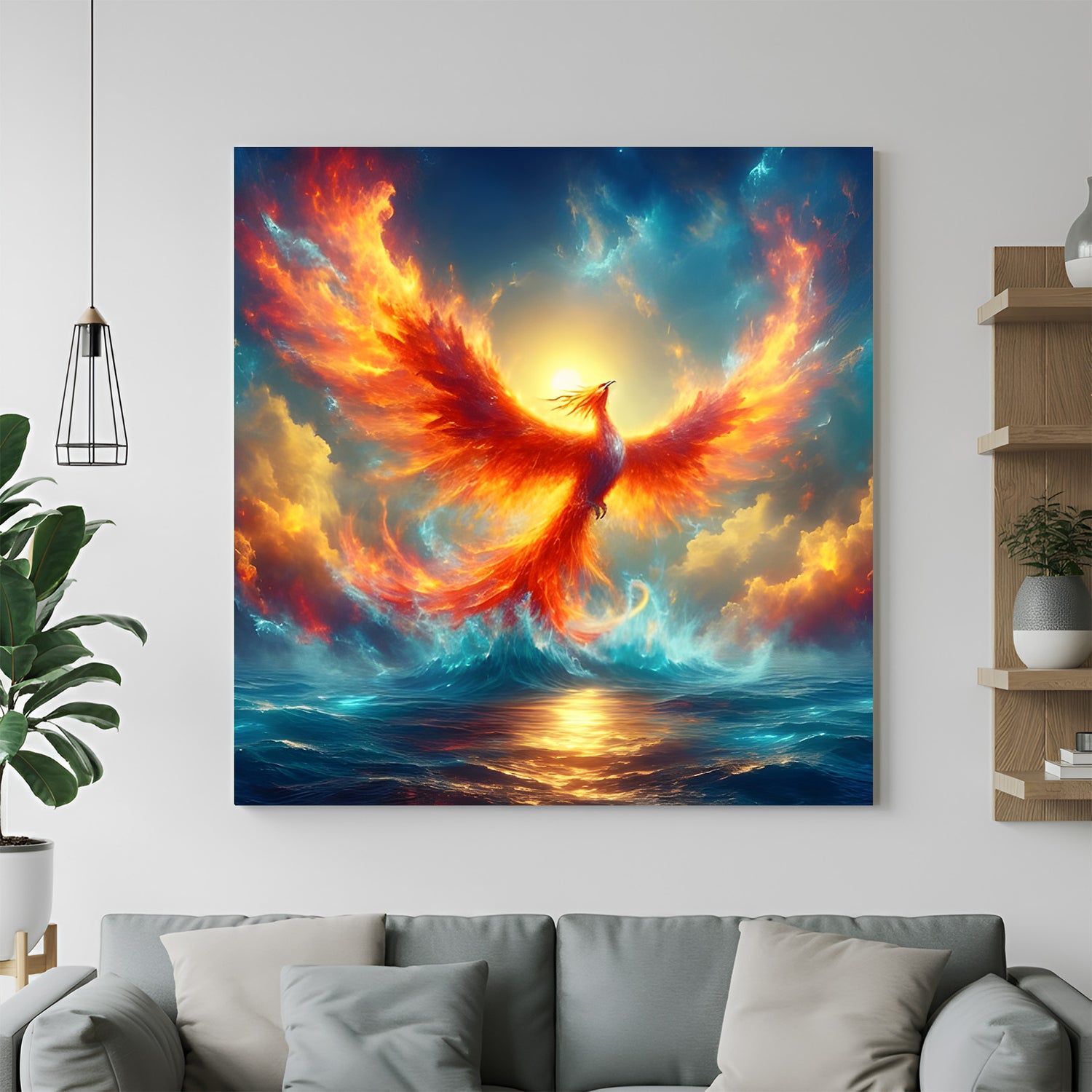 Square phoenix wall art with fiery wings rising above ocean waves at sunset with glowing sky.