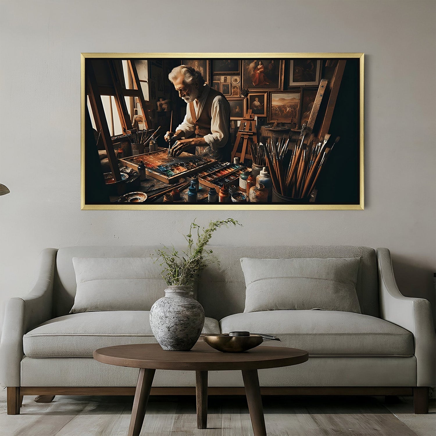 Golden-framed modern art canvas of an old man painting inside an art shop—warm and soulful decor piece for artistic interiors