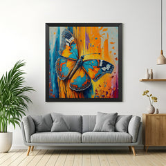 Abstract wall art with one butterfly and color splash in black floater frame