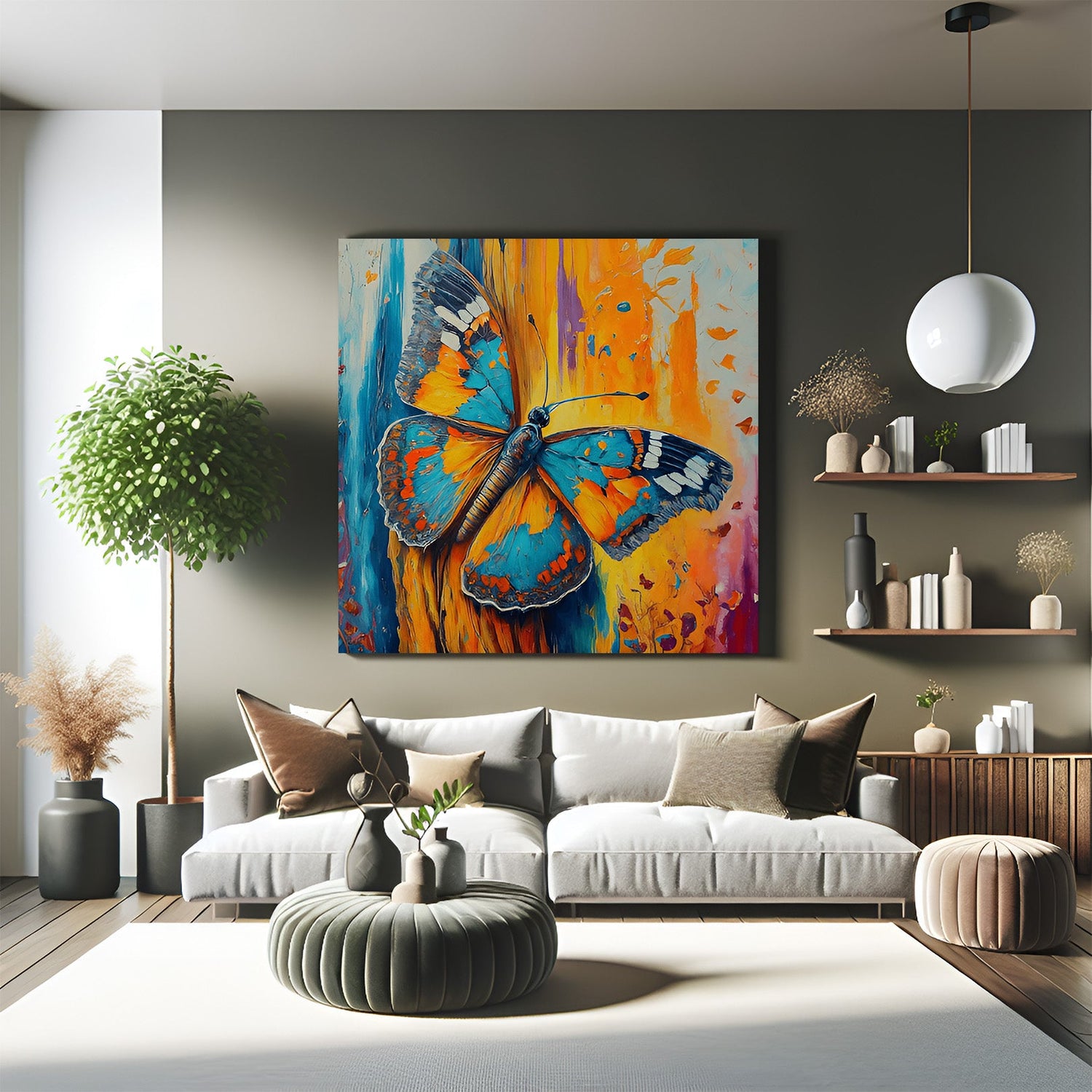One butterfly with vibrant color splash in abstract canvas wall art for home decor