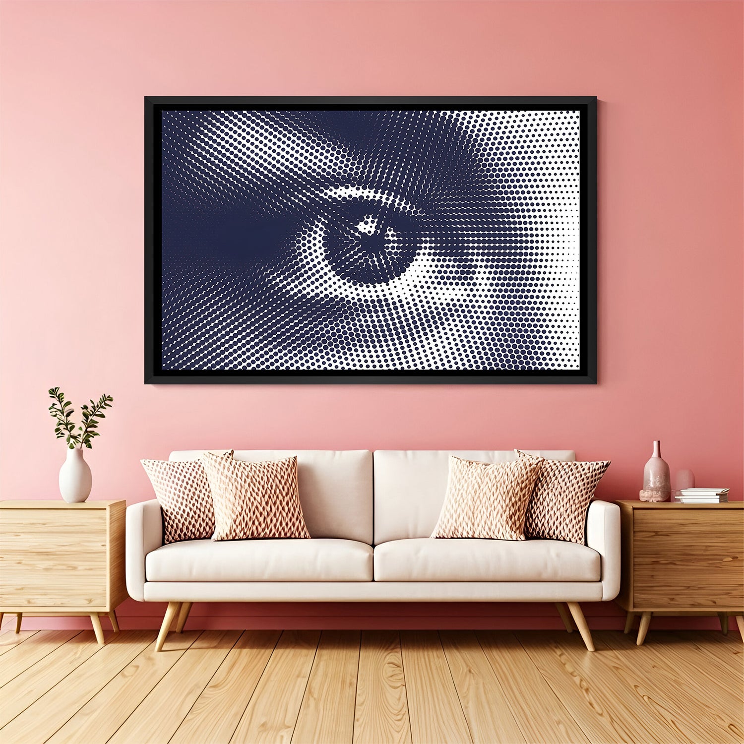 Modern one eye wall artwork in elegant black floater frame with bold abstract artistic detailing