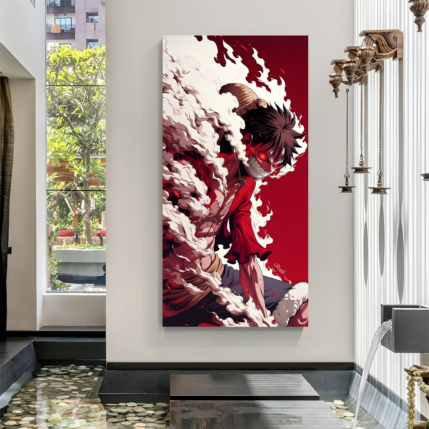 Monkey D. Luffy demon mode One Piece canvas painting with glowing red eyes, devil horns, and smoke aura canvas wrapped artwork
