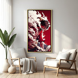 Monkey D. Luffy devil aura anime canvas painting in golden floater frame One Piece wall art with glowing red energy