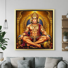 Golden floater frame Lord Hanuman large canvas painting symbolizing strength and leadership for puja room decor