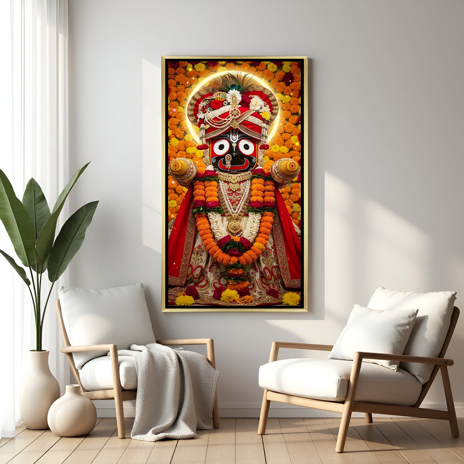 Ornate Jagannath temple inspired portrait in golden floater frame with layered malas and radiant aura design.