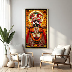 Ornate Jagannath temple inspired portrait in golden floater frame with layered malas and radiant aura design.