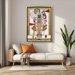 Traditional Shreenathji canvas painting with lotus Pichwai design in luxurious golden floater frame