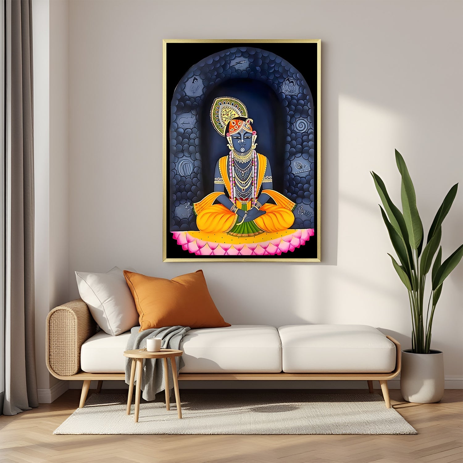 Vibrant Shreenathji canvas painting with lotus pedestal and intricate gold detailing in luxurious golden floater frame