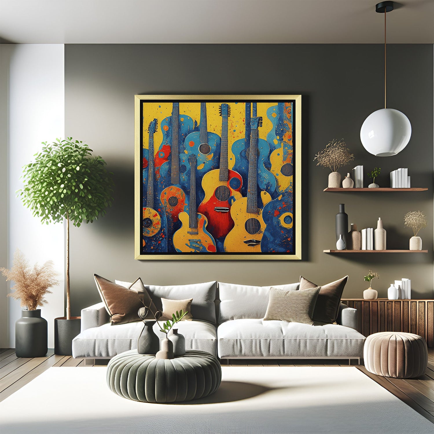 Golden frame abstract canvas art – colorful painted guitars in abstract form for stylish wall decoration