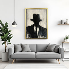 Golden-framed canvas of a hitman-style man in black suit, rendered in painted style—ideal for bold luxury spaces, dramatic decor, and modern masculine interiors
