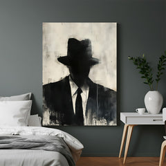 Modern canvas wall art featuring a mysterious painted-style man in a black suit with hitman aesthetics—ideal for bold, cinematic, and masculine home decor