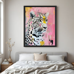 Leopard face canvas painting in artistic painted style with black floater frame, ideal for bold and creative home or office wall decor