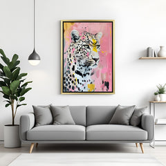 Expressive leopard canvas artwork in golden frame with colorful painted style, perfect for powerful and stylish interior spaces
