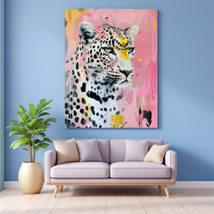 Stylish painted leopard canvas wall art on black background, featuring bold brush strokes and perfect for modern animal-inspired interiors