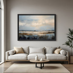 Minimal sky and land canvas painting with soft brush strokes, framed in black floater for subtle and peaceful contemporary wall styling