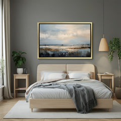 Artistic canvas print of painted sky and land scenery in golden floater frame, perfect for modern interiors with an elegant nature-themed touch