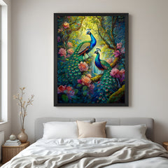Pair Peacock Canvas Painting in black floater frame for couple bedroom wall decor and peaceful Vastu vibes