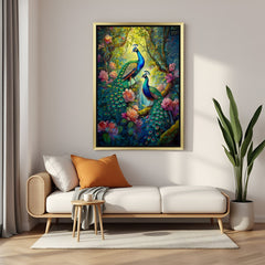 Pair Peacock Vastu Wall Art in golden floater frame for spiritual couple decor and elegant Vastu-approved wall painting
