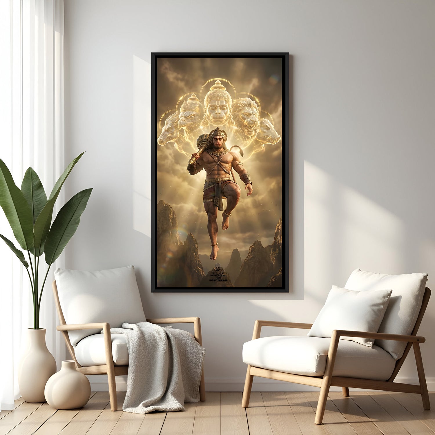 Panchmukhi Hanuman Ji divine golden aura artwork in black frame.