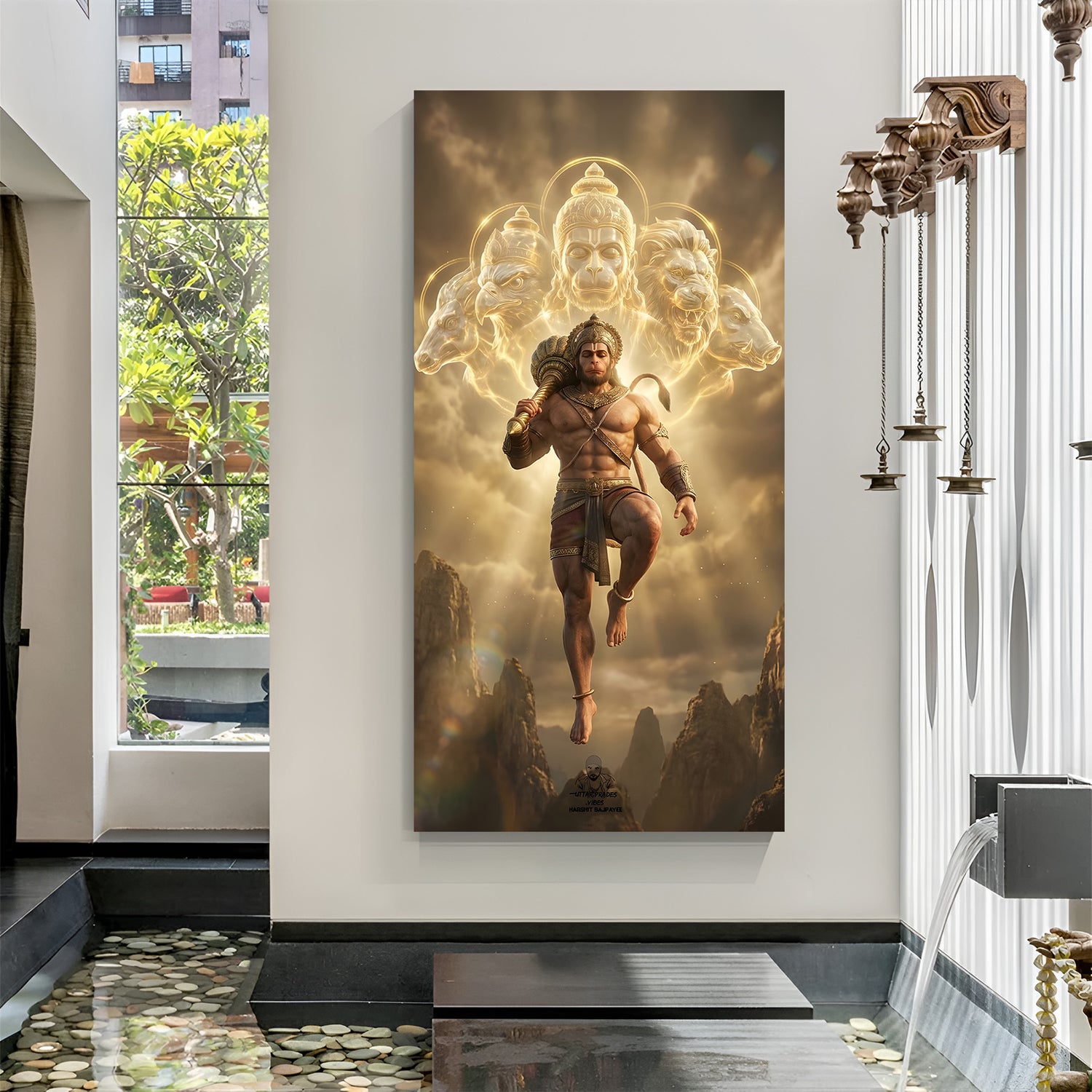 Vertical Panchmukhi Hanuman Ji golden aura wall art canvas.