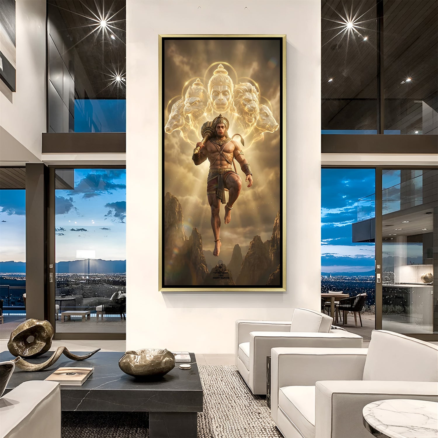 Majestic Panchmukhi Hanuman Ji wall art in premium gold frame.