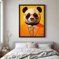 Adorable panda with round glasses canvas in black floater frame, fun decor for modern pet-friendly spaces and creative rooms