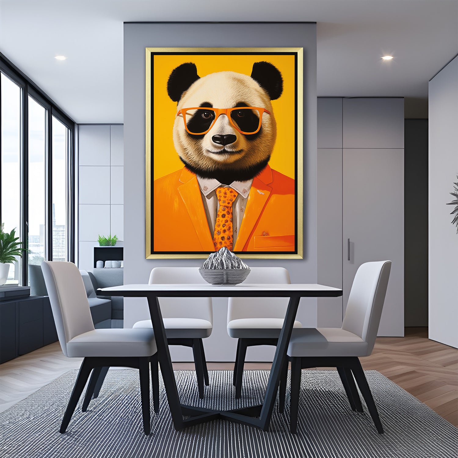 Trendy panda wall art with golden floater frame, stylish canvas print for kids’ rooms, nurseries, and playful decor setups