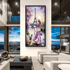 Modern Paris riverside artwork with woman and car near Eiffel Tower in elegant black floater frame